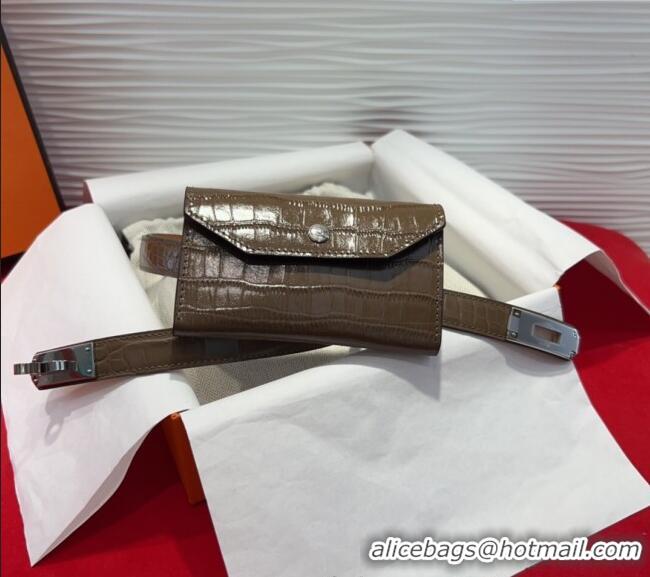 Top Design Hermes Kelly Pocket 18 Pouch Belt 1.8cm with Silver Hardware in Crocodile Leather 8211 Grey 2025