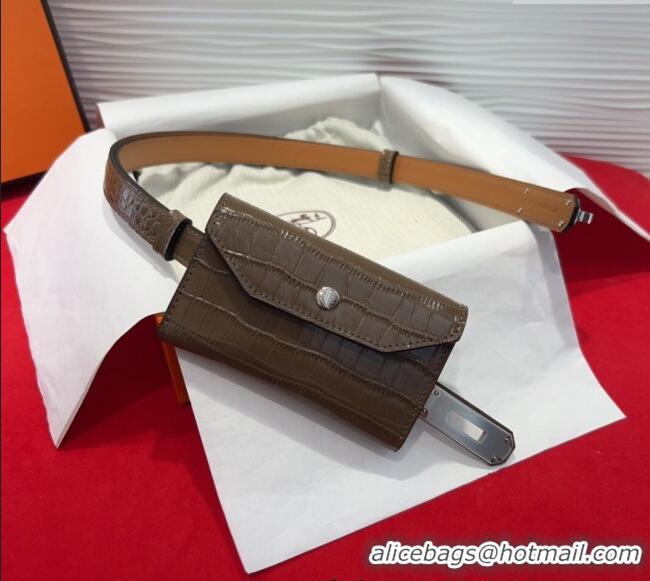 Top Design Hermes Kelly Pocket 18 Pouch Belt 1.8cm with Silver Hardware in Crocodile Leather 8211 Grey 2025
