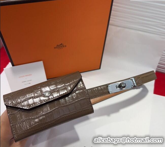 Top Design Hermes Kelly Pocket 18 Pouch Belt 1.8cm with Silver Hardware in Crocodile Leather 8211 Grey 2025
