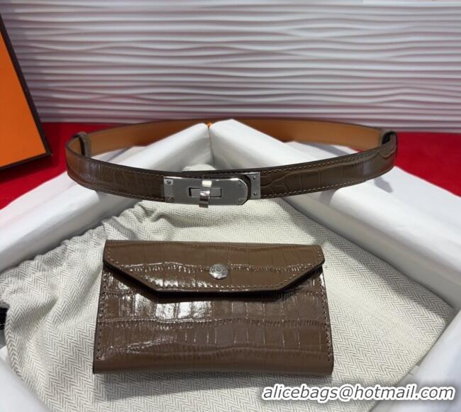 Top Design Hermes Kelly Pocket 18 Pouch Belt 1.8cm with Silver Hardware in Crocodile Leather 8211 Grey 2025