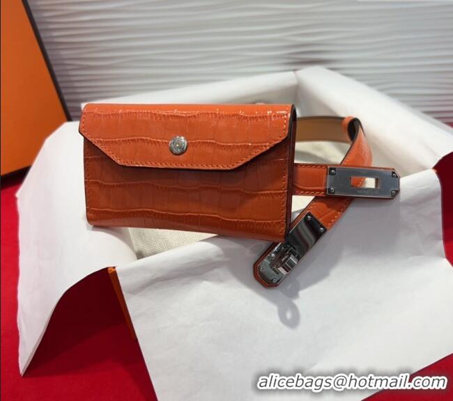 Shop Cheap Hermes Kelly Pocket 18 Pouch Belt 1.8cm with Silver Hardware in Crocodile Leather 8211 Orange 2025
