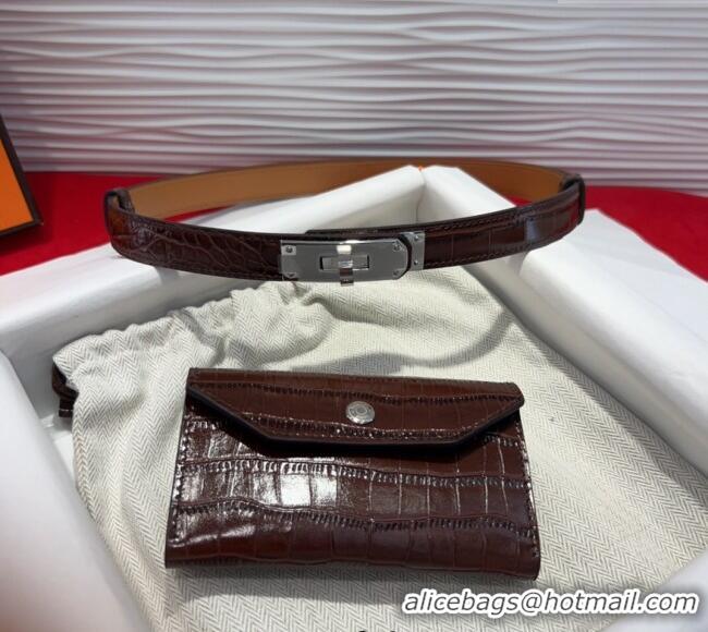 Best Price Hermes Kelly Pocket 18 Pouch Belt 1.8cm with Silver Hardware in Crocodile Leather 8211 Dark Brown 2025