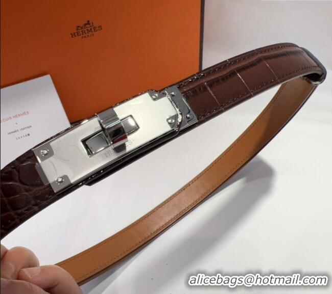 Best Price Hermes Kelly Pocket 18 Pouch Belt 1.8cm with Silver Hardware in Crocodile Leather 8211 Dark Brown 2025