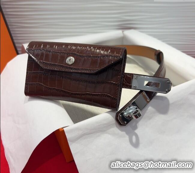Best Price Hermes Kelly Pocket 18 Pouch Belt 1.8cm with Silver Hardware in Crocodile Leather 8211 Dark Brown 2025