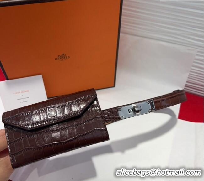 Best Price Hermes Kelly Pocket 18 Pouch Belt 1.8cm with Silver Hardware in Crocodile Leather 8211 Dark Brown 2025
