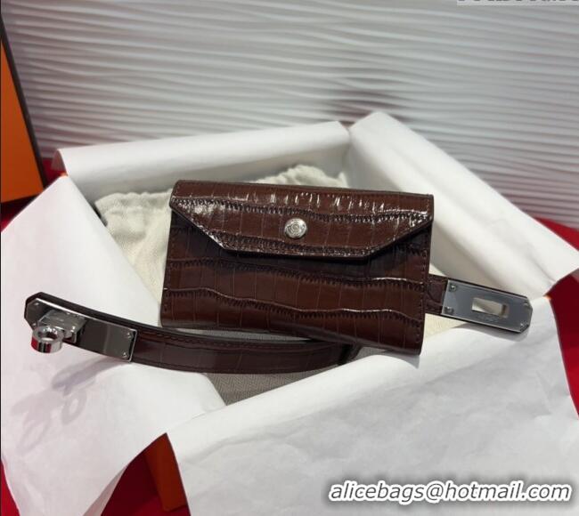 Best Price Hermes Kelly Pocket 18 Pouch Belt 1.8cm with Silver Hardware in Crocodile Leather 8211 Dark Brown 2025