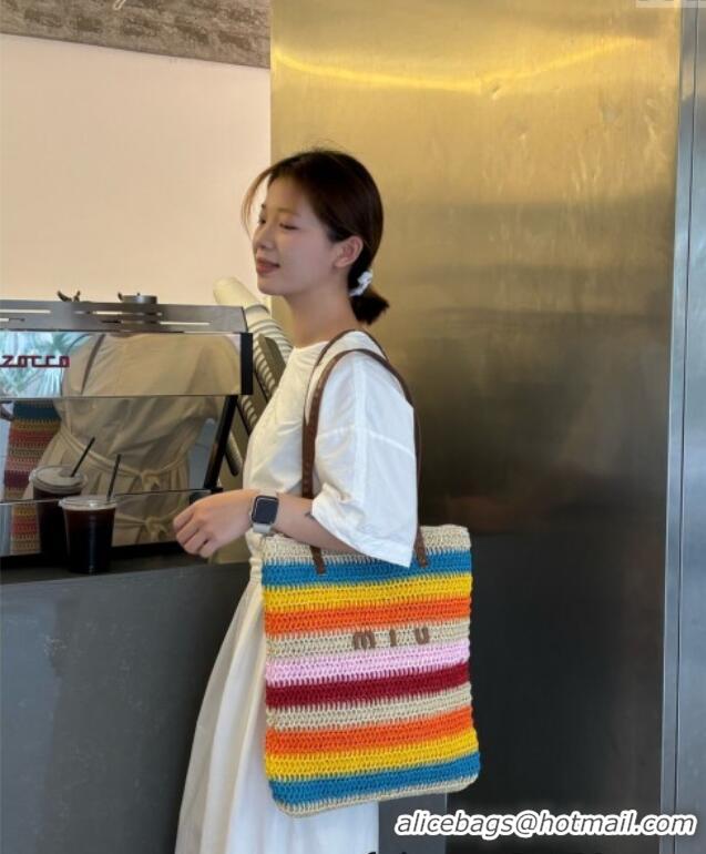 Traditional Discount Miu Miu Crochet Straw Vertical Tote Bag 0513 Rainbow 2025