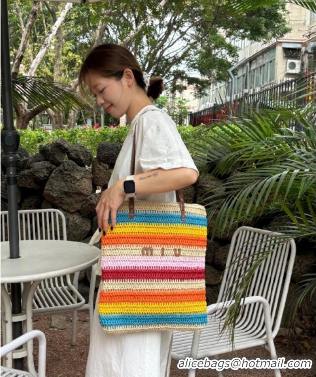 Traditional Discount Miu Miu Crochet Straw Vertical Tote Bag 0513 Rainbow 2025