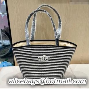 Luxury Discount Miu Miu Straw Striped Basket Bag 0513 Black 2025