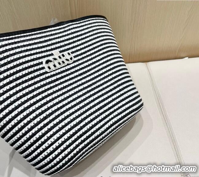 Luxury Discount Miu Miu Straw Striped Basket Bag 0513 Black 2025
