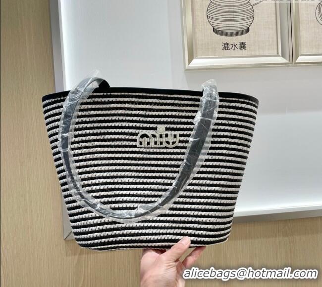 Luxury Discount Miu Miu Straw Striped Basket Bag 0513 Black 2025