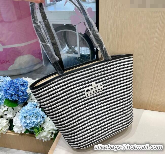 Luxury Discount Miu Miu Straw Striped Basket Bag 0513 Black 2025
