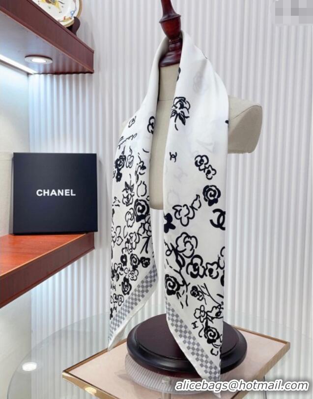 Best Product Chanel Flower Silk Square Scarf 90x90cm CH051307 White 2025