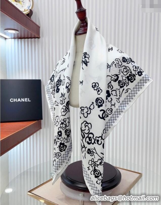 Best Product Chanel Flower Silk Square Scarf 90x90cm CH051307 White 2025