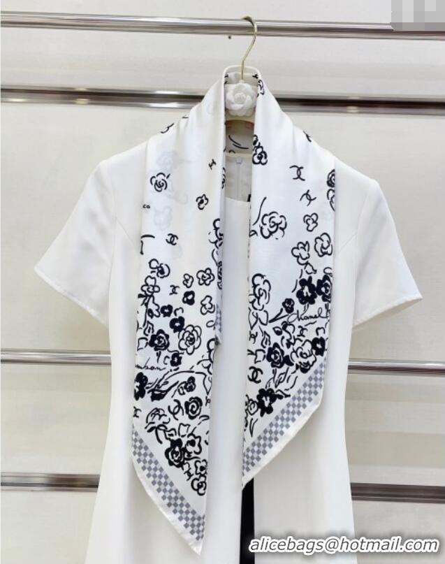 Best Product Chanel Flower Silk Square Scarf 90x90cm CH051307 White 2025