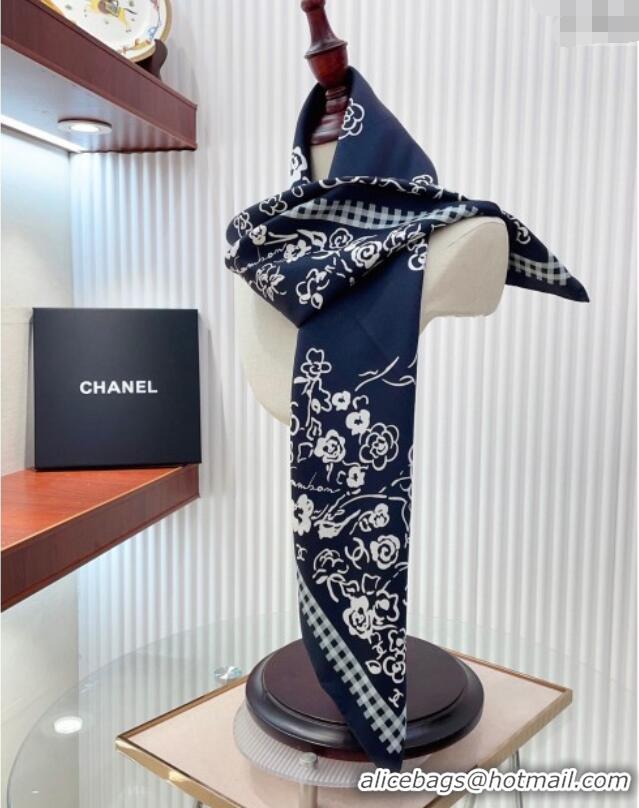 Top Design Chanel Flower Silk Square Scarf 90x90cm CH051307 Navy Blue 2025