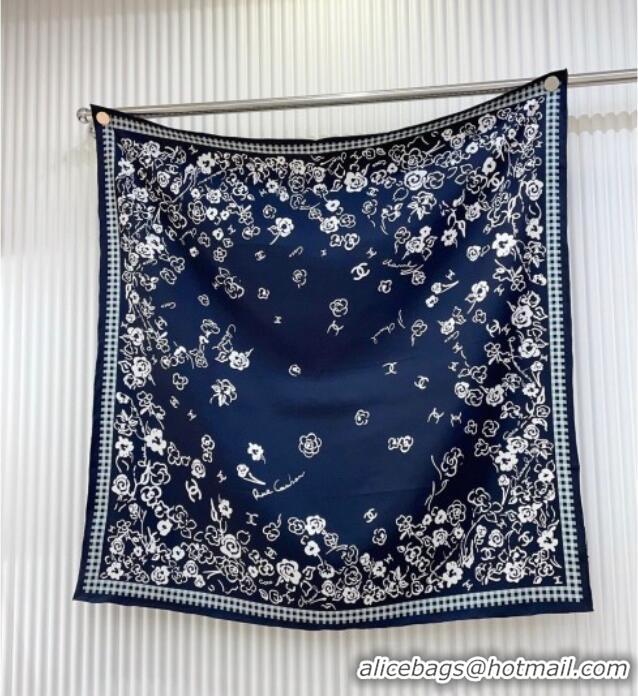 Top Design Chanel Flower Silk Square Scarf 90x90cm CH051307 Navy Blue 2025