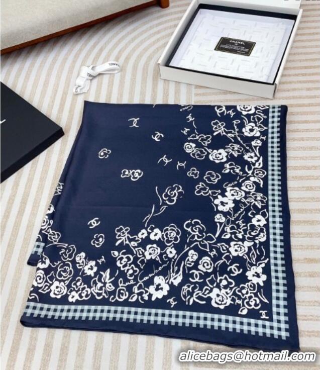 Top Design Chanel Flower Silk Square Scarf 90x90cm CH051307 Navy Blue 2025