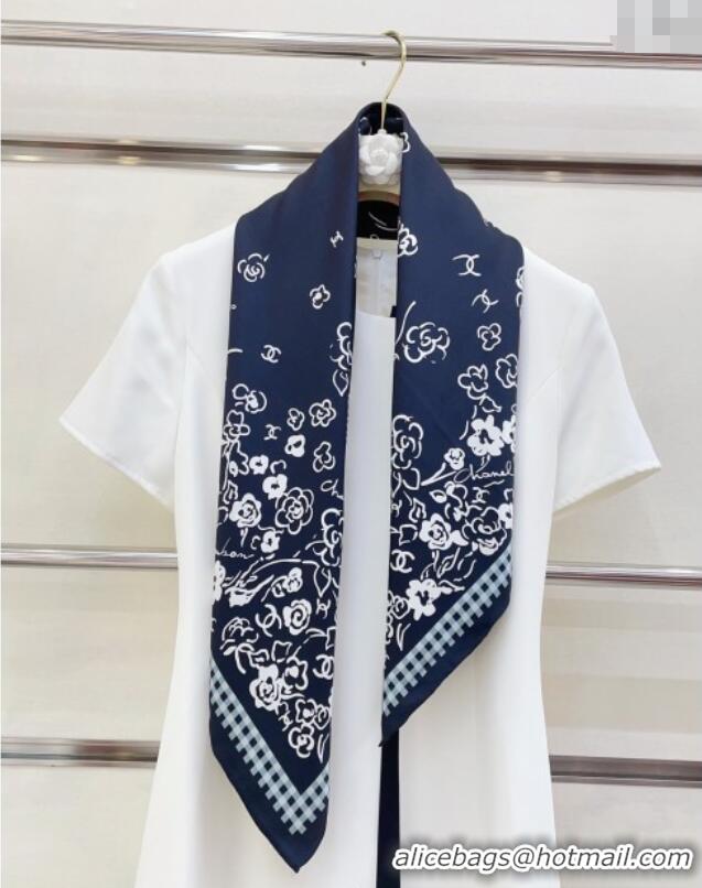 Top Design Chanel Flower Silk Square Scarf 90x90cm CH051307 Navy Blue 2025