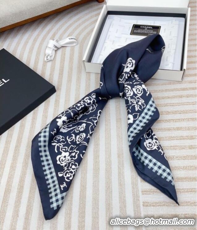 Top Design Chanel Flower Silk Square Scarf 90x90cm CH051307 Navy Blue 2025