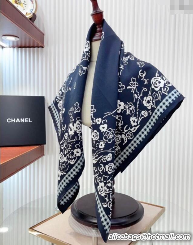 Top Design Chanel Flower Silk Square Scarf 90x90cm CH051307 Navy Blue 2025