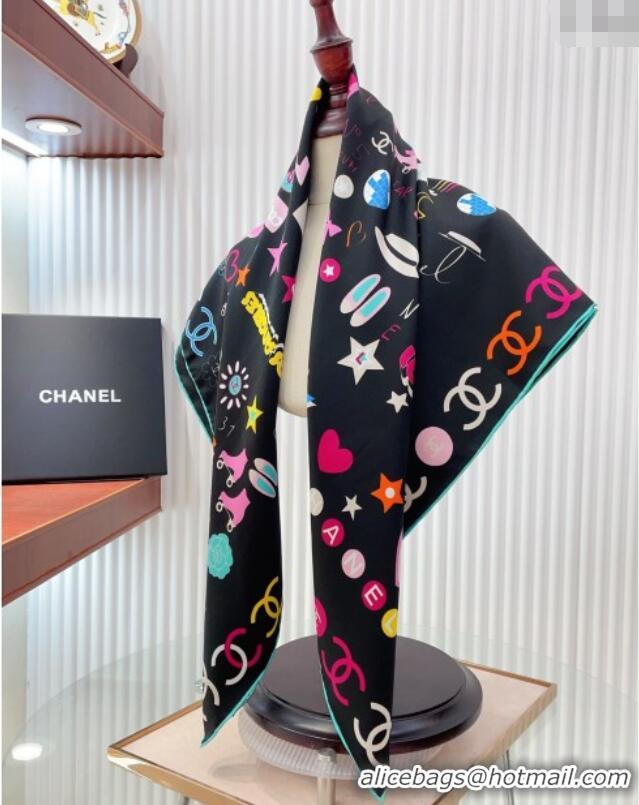 Famous Brand Chanel Graffiti Logo Silk Square Scarf 90x90cm CH051308 Black 2025