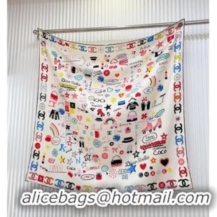 Original Cheap Chanel Graffiti Logo Silk Square Scarf 90x90cm CH051308 White 2025