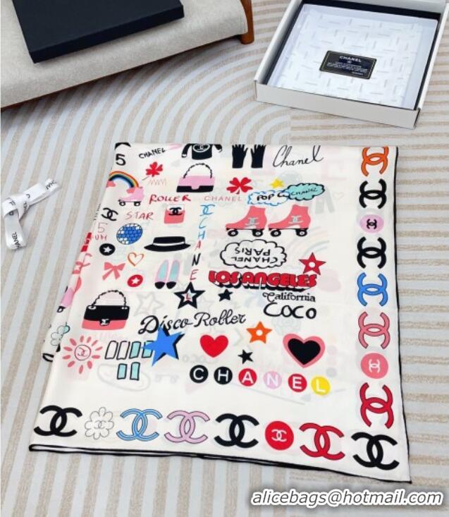 Original Cheap Chanel Graffiti Logo Silk Square Scarf 90x90cm CH051308 White 2025