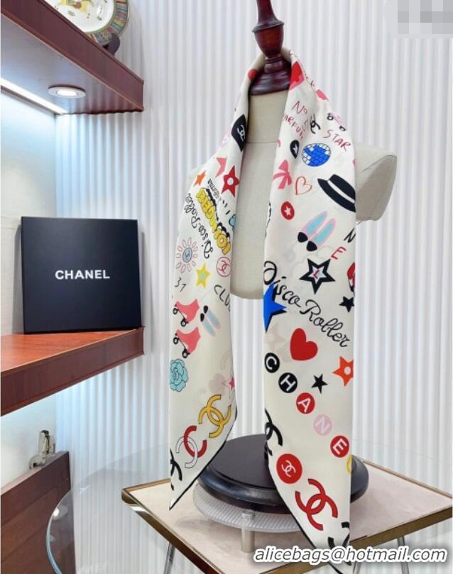 Original Cheap Chanel Graffiti Logo Silk Square Scarf 90x90cm CH051308 White 2025