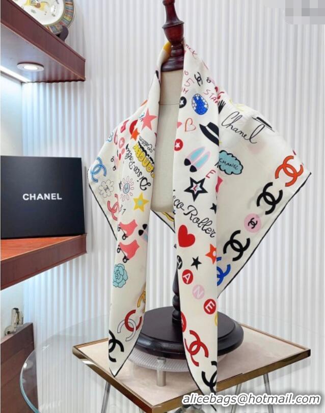 Original Cheap Chanel Graffiti Logo Silk Square Scarf 90x90cm CH051308 White 2025