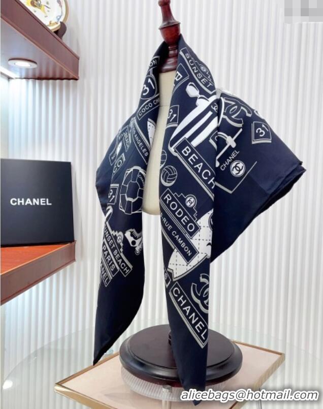 Good Quality Chanel Printed Silk Square Scarf 90x90cm CH051309 Navy Blue 2025