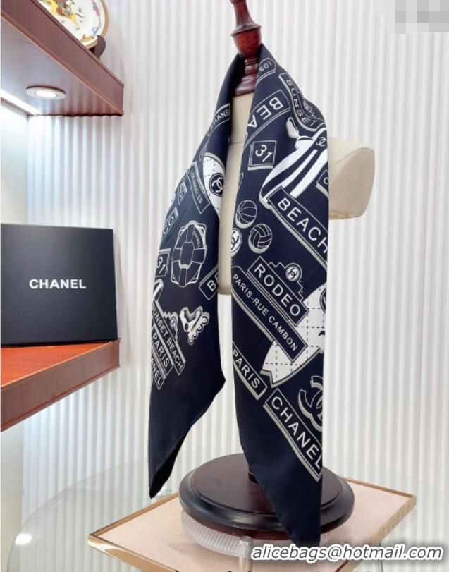 Good Quality Chanel Printed Silk Square Scarf 90x90cm CH051309 Navy Blue 2025