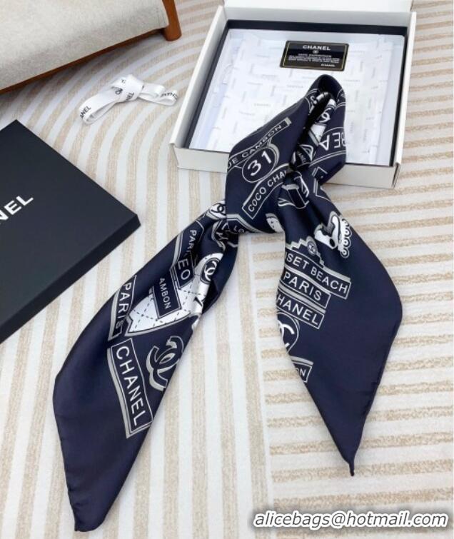 Good Quality Chanel Printed Silk Square Scarf 90x90cm CH051309 Navy Blue 2025