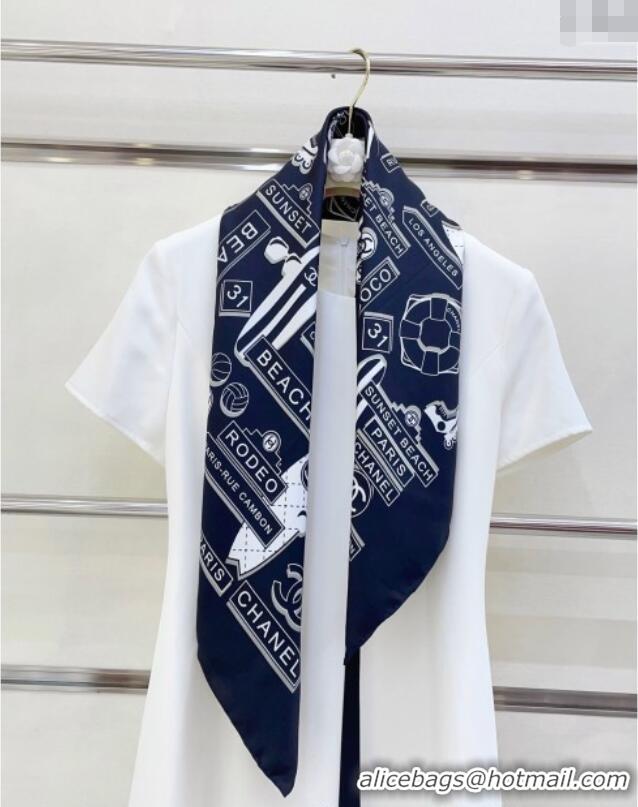 Good Quality Chanel Printed Silk Square Scarf 90x90cm CH051309 Navy Blue 2025