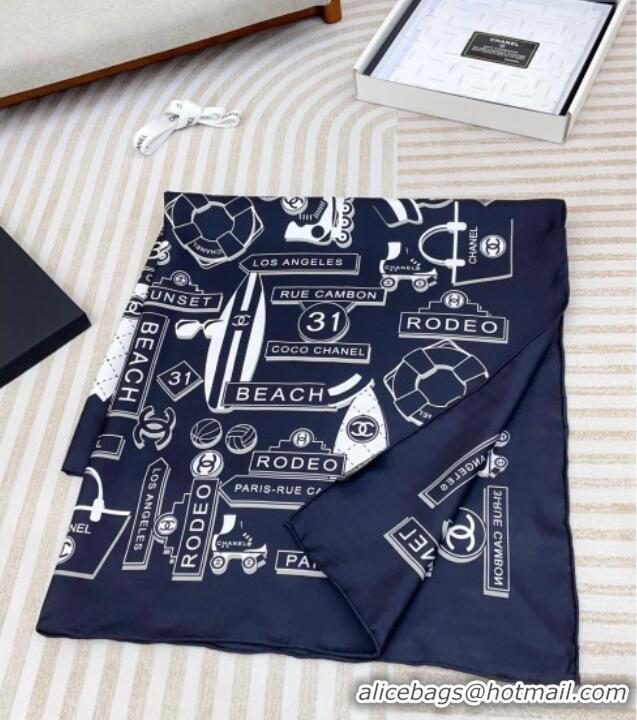 Good Quality Chanel Printed Silk Square Scarf 90x90cm CH051309 Navy Blue 2025