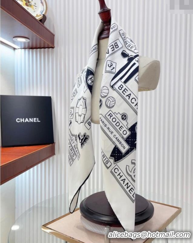 New Fashion Chanel Printed Silk Square Scarf 90x90cm CH051309 White 2025