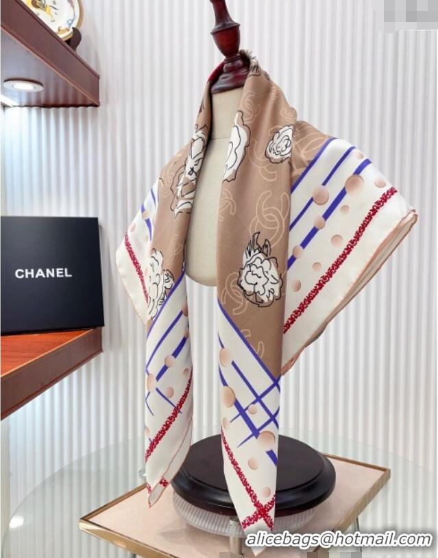 Top Grade Chanel Camellia Silk Square Scarf 90x90cm CH051314 Beige 2025