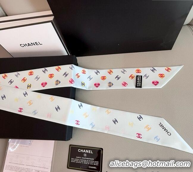 High Quality Chanel CC Heart Silk Slim Bandeau Scarf 6x120cm 0513 White 2025