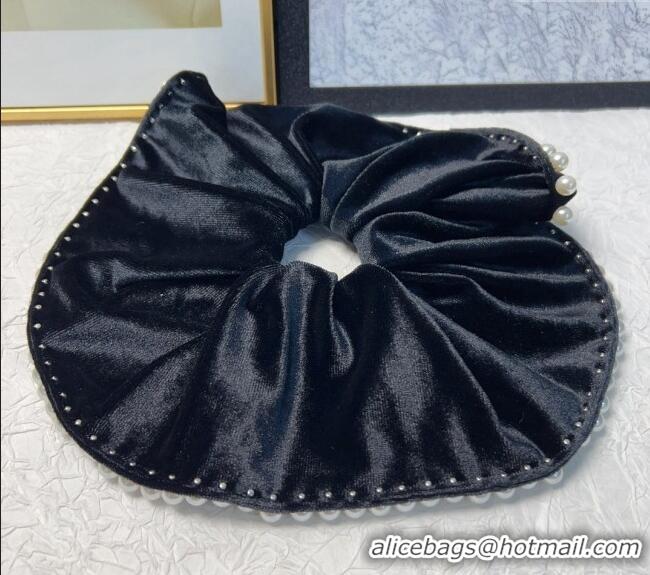 Trendy Design Chanel Black Velvet Hair Ring with Pearls 0302 2024