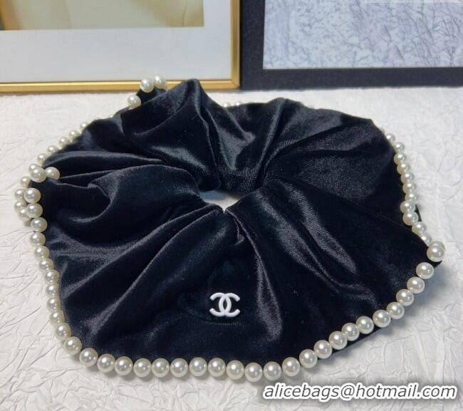 Trendy Design Chanel Black Velvet Hair Ring with Pearls 0302 2024