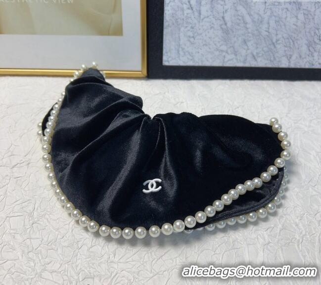 Trendy Design Chanel Black Velvet Hair Ring with Pearls 0302 2024
