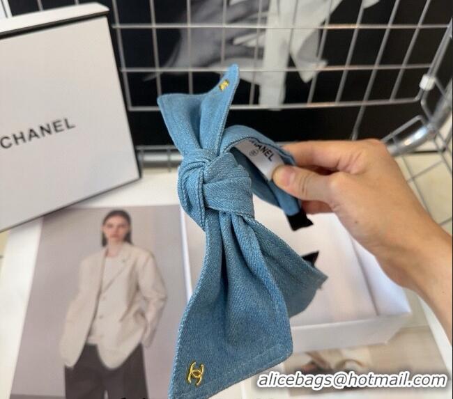 Famous Brand Chanel Denim Hair Headband with Bow 072902 Light Blue 2024