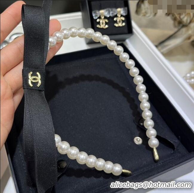 Cheap Best Chanel Pearls Headband with Black Bow C0509 2025