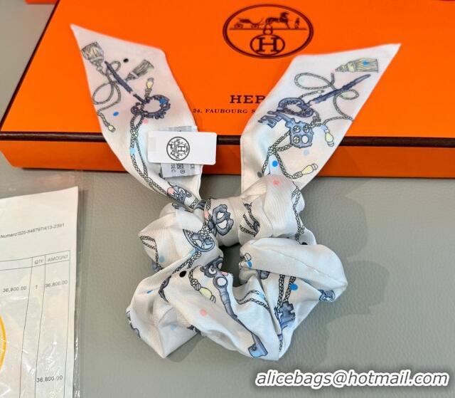 Grade Quality Hermes Key Twilly Silk Bandeau Scarf and Hairring Set 4023 White 2025
