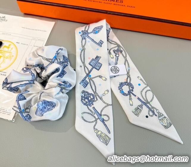 Grade Quality Hermes Key Twilly Silk Bandeau Scarf and Hairring Set 4023 White 2025