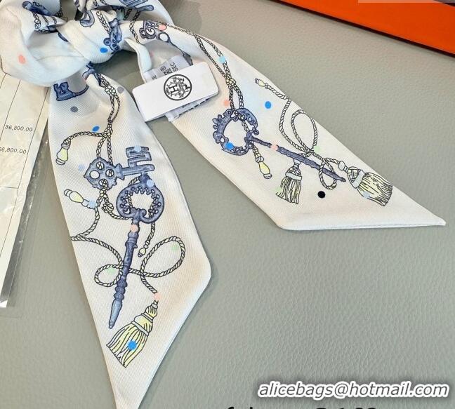 Grade Quality Hermes Key Twilly Silk Bandeau Scarf and Hairring Set 4023 White 2025