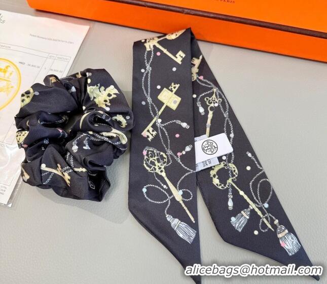 Buy New Cheap Hermes Key Twilly Silk Bandeau Scarf and Hairring Set 4023 Black 2025