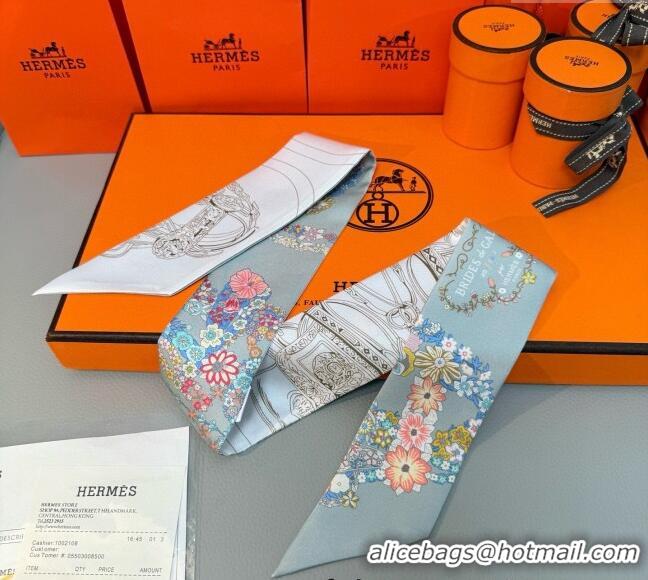 Shop Discount Hermes Brides de Gala en Fleurs Twilly Silk Bandeau Scarf 5x86.5cm H4004 Grey/White 2025