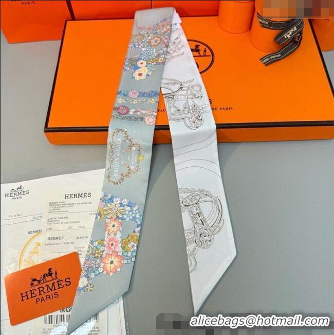 Shop Discount Hermes Brides de Gala en Fleurs Twilly Silk Bandeau Scarf 5x86.5cm H4004 Grey/White 2025