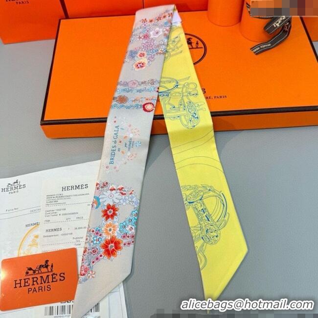 Best Price Hermes Brides de Gala en Fleurs Twilly Silk Bandeau Scarf 5x86.5cm H4004 Grey/Yellow 2025